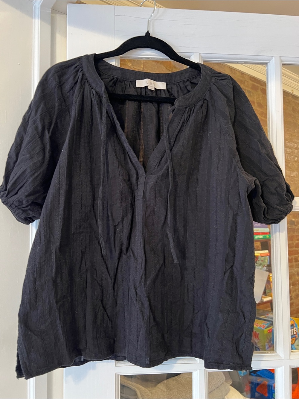 LOFT Black Textured Split-V Peasant Blouse